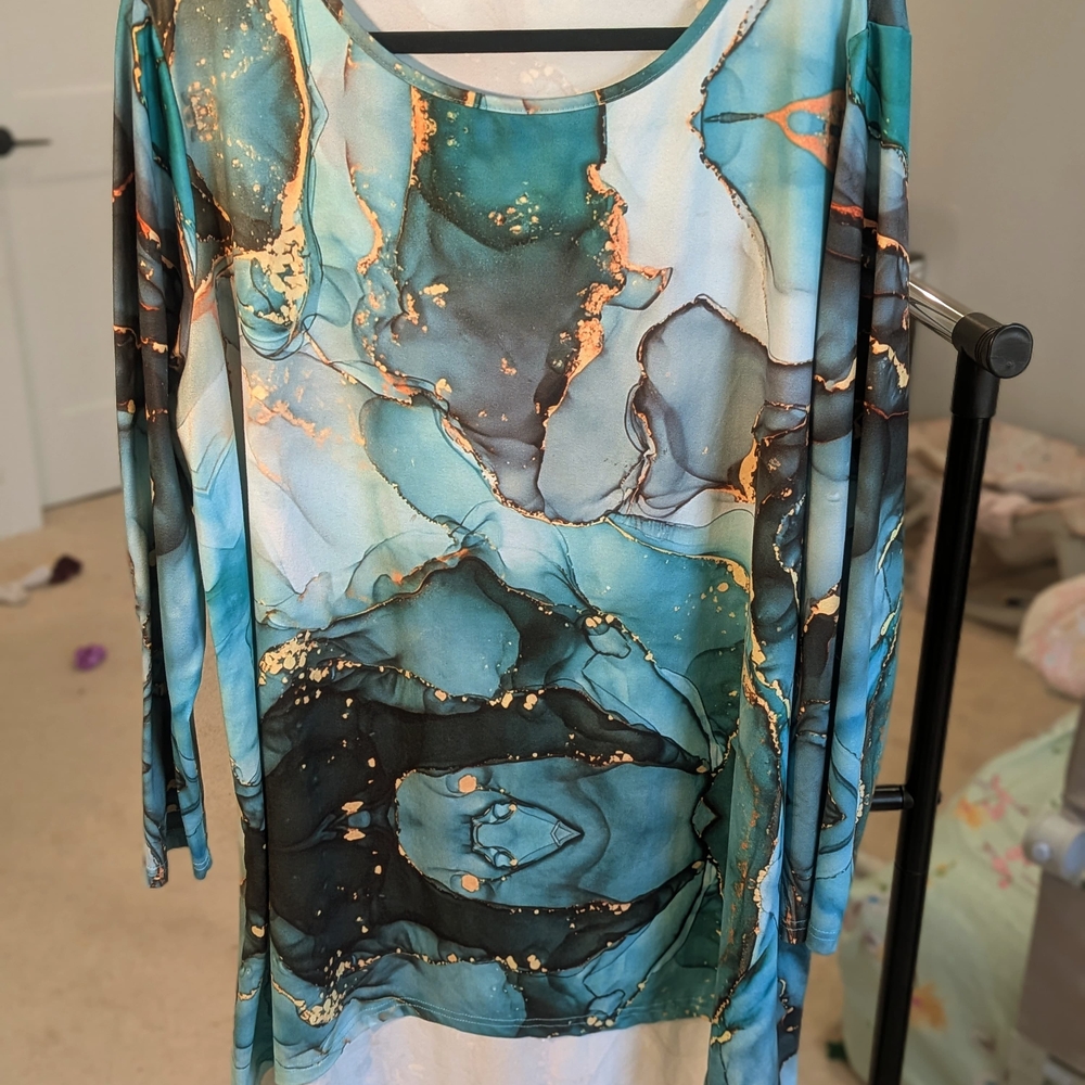 Marble Print Long Sleeve Tunic Top – Turquoise, Black And Gold - Picture 2 of 6